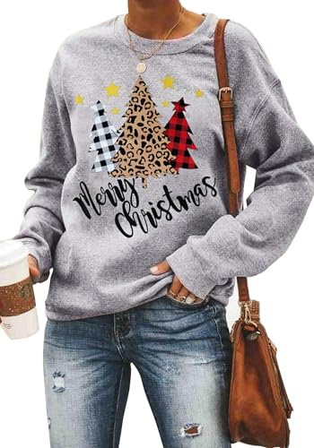hohololo Weihnachts Sweatshirt Damen Weihnachtspullover Merry Christmas Pullover (Grau1,XL)