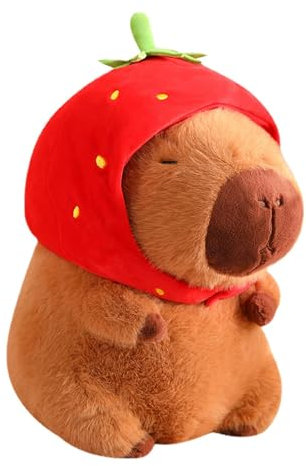 Linda muñeca de peluche de capibara - Peluche de capibara con sombrero de fresa, animal de peluche de capibara | Animal de peluche de capibara con diseño único de sombrero de fresa, almohada de