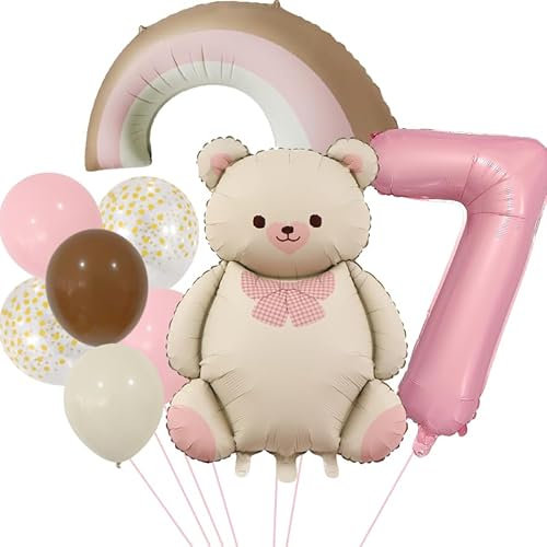 DazzJoy Luftballon 7 Jahree Mädchens, Folienballon 7 Jahres Mädchen, Regenbogen Bär Luftballons Geburtstag Mädchen 7 Jahre, Geburtstagsdeko 7 Jahre Mädchen, Bären Ballon 7 Geburtstag Mädchenn