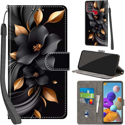Handyhülle für Samsung Galaxy A21s Klapphülle Leder Wallet Blumen | 3 Kartenfächer & 1 Geldfach, Magnetverschluss, Ständerfunktion, robuste premium PU leder klapphülle für Samsung A21s