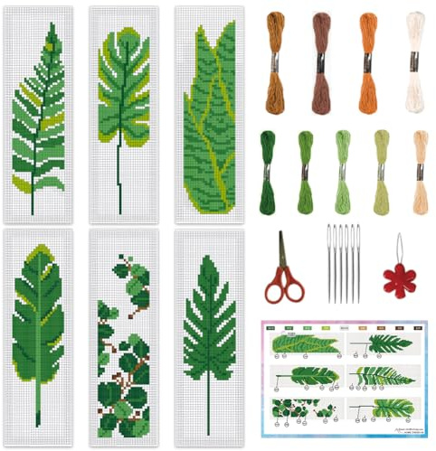INFUNLY 6pcs Tropische Pflanze DIY Kreuzstich Lesezeichen Kit für Anfänger grüne Blätter gestempelt Stickerei Lesezeichen Kit mit Anleitung Laub gezählt Kreuzstich Kits für Buchliebhaber Leser