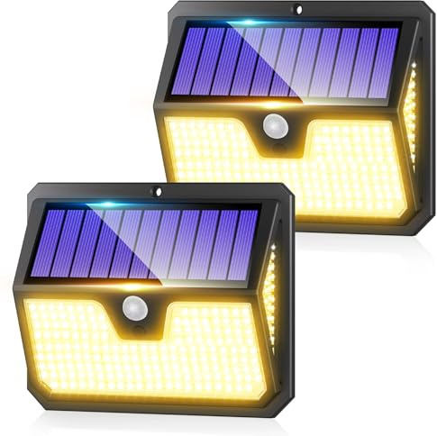 Outdoor Solar Lights Motion Sensor - 238 LED Solar Powered Security Light 3 Modes 270° Wide Angle IP65 Waterproof Outside Solar Pir Wall Lighting for Garden Yard Front Door 2 Pack Warm White