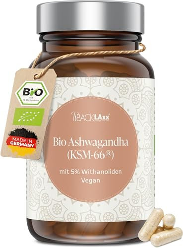 BACKLAXX® Bio Ashwagandha, KSM-66® Premiumrohstoff, 90 Kapseln (90 Tage Reichweite), hochdosierter 12:1 Extrakt mit 5% Withanolid-Gehalt, indische Schlafbeere, laborgeprüft, deutsche Produktion, vegan