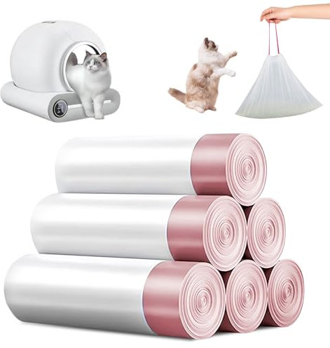 WANDGU Sacs Poubelle Avec Poignée de Transport : 6 Rouleaux pour Litière de Chat, 90 Pièces Autonettoyantes Durables, Recharge pour Litière pour Chat (Blanc)