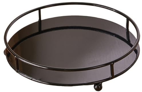 8 Black Iron Round Tray with Rail & Feet Decorative Vanity or Bathroom Tray for Perfume, Jewelry, and More