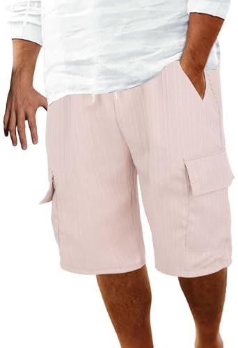 Pantaloncini Uomo Casual Cargo Varie Tasche Confortevole Bermuda Cargo Shorts Estivi Sportivi Ed Elastico In Vita Lavoro Corta Pantaloni, Rosa, M