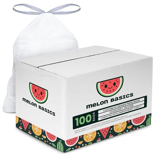 Melon Basics Folded Drawstring Trash Liner Bags Compatible with Simplehuman Code J Semi-Round Sensor Garbage Cans | Extra Thick with 45 Liter Capacity | 100 Unscented Bags