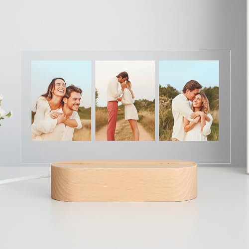 Cristal Plaque Lámpara LED 3 Fotos y dedicatoria Personalizada – Metacrilato Premium y Base de Madera – Regalo Original para Cumpleaños, Bodas y Aniversarios