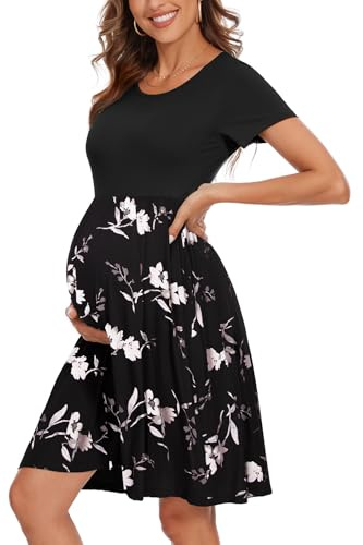 WOOXIO Women's Fashion Short Sleeve Maternity Dress with Pockets Patchwork Pregnancy Clothes Black-Black White Jasmine,M