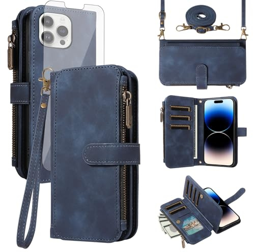 Asuwish Phone Case for iPhone 14 Pro 6.1 inch Zipper Wallet Cell Cover with Tempered Glass Screen Protector Crossbody Strap Flip Credit Card Holder iPhone14Pro 5G i i-Phone i14 iPhone14 4 14Pro Blue