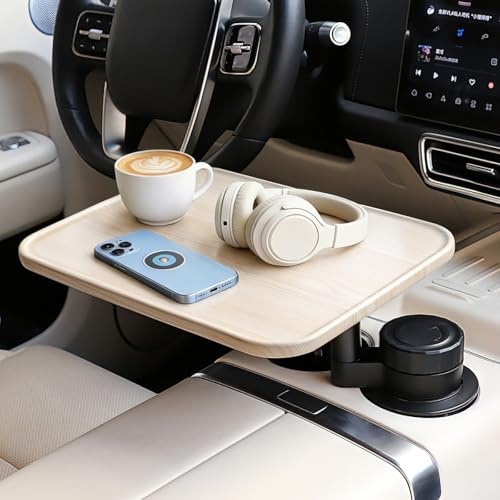 360° Rotating Wood Car Tray & Desk for Laptop - Steering Wheel Cup Holder Table, Car Accessories for Women & Men, Compatible with Tesla Model Y/3/S, Ford F150/Explorer/Maverick & Most Vehicles