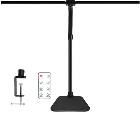 MACASA LED Desk Lamp with Clamp and Base, Dual Head Monitor Light | 24W Dimmable Eye-Caring Task Lamp with Timer, Anti-Glare Cover and Gooseneck for Home Office Dorm Workbench and Study