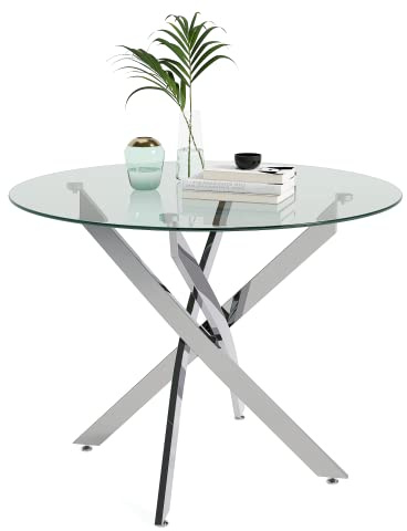GOLDFAN Runder Glas-Esstisch, moderner Küchentisch mit silbernen Metallbeinen für Esszimmermöbel (80 cm, Silber)