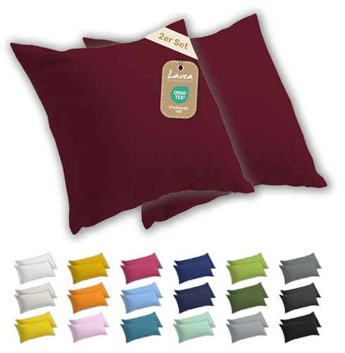 Lavea® 2er Set Kissenbezug 50x50, Kissenhülle Sparpack, 100% Baumwolle Jersey, Kissenbezug Baumwolle, Kissenbezüge 2 Stück, Oeko-Tex Zertifiziert, YKK-Reißverschluss, Hautfreundlich, Bordeaux