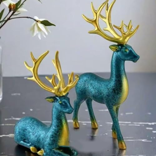 Kashyke 2 Stücks Weihnachtsdeko Rentier Figure Hirsch Elch Statuen Skulpturen Tier Figur Dekofigur Groß,Weihnachten Deko Innen Elegant Rentier Hirsch für Wohnzimmer,Küche,Tisch (Blau und Gold)
