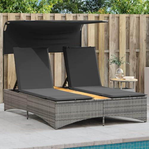 HEFZGDB Doppel-Sonnenliege mit Dach und Auflagen Grau Poly Rattan, 5-Fach verstellbare Rückenlehne, wetterbeständige Gartenmöbel, abnehmbare Bezüge, komfortable Polsterung, PE-Rattan