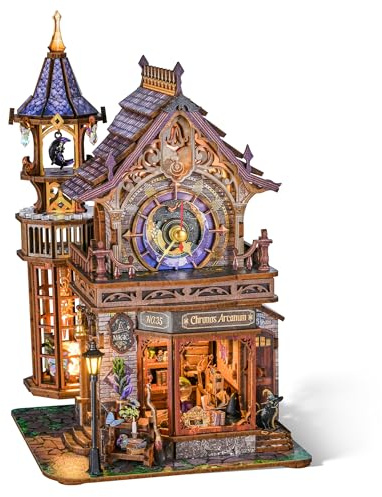 FUNPOLA LED 3D Holzpuzzle Zeitmagie-Club, dynamisches mechanisches Modell mit Musik, Licht und Bewegung, DIY Fantasy-Uhrturm Miniatur-Bausatz, dekoratives Bastelmodell für Erwachsene(14+)