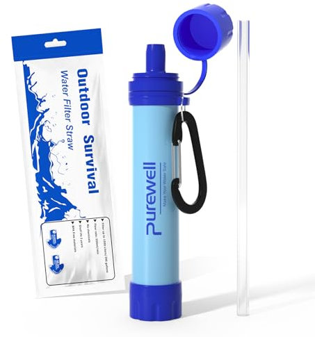 Purewell Outdoor Water Filter – 0.01 μm ultra-fine filter removes 99.99% of bacteria & heavy metals | 1500L filter capacity | Portable drinking water filter with neck strap for survival & outdoor