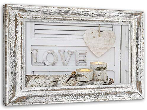 Feeby Leinwandbild Inschrift Love 60x40 cm Bild Kunstdruck Herz Kerzen Grau