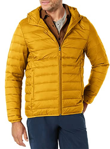 Amazon Essentials Chaqueta Acolchada con Capucha, Plegable, Ligera y Resistente a la Lluvia Hombre, Caramelo, L