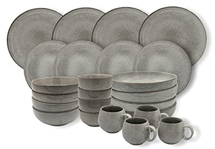Cooks Professional 24 Piece Nordic Dinnerware Set | 4 of Each Dinner Plates, Side Plates, Cereal Bowls, Pasta Bowls, Dipping Dishes & Mugs | Microwave & Dishwasher Safe Stoneware Dinner Set | Grey