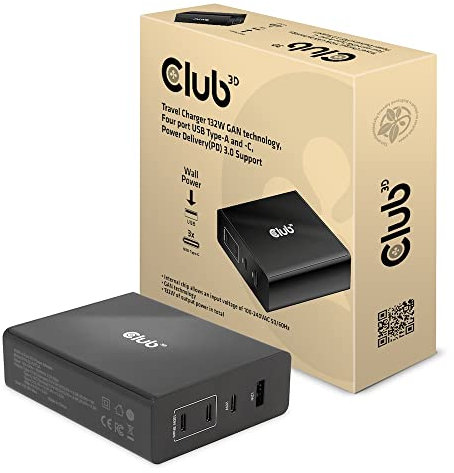 CLUB3D Reiseladegerät CAC-1906 132W GAN-Technologie, USB Typ-A und -C mit Vier Anschlüssen, Power Delivery (PD) 3.0-Unterstützung