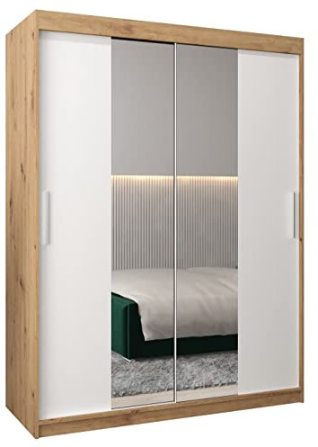 MEBLE KRYSPOL Kleiderschrank mit Spiegel Tokyo 1 - Garderobenschrank - Schrank Schlafzimmer - Mehrzweckschrank Zwei Schiebetüren - Regalen - Flur Möbel - Kleiderstange Schrank - Allzweckschrank