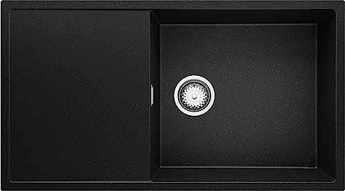 PRIMAGRAN Spülbecken Schwarz Metallic 90x50cm, Granitspüle 1 Becken + Ablauf-Set, Küchenspüle ab 60er Unterschrank - Ibiza