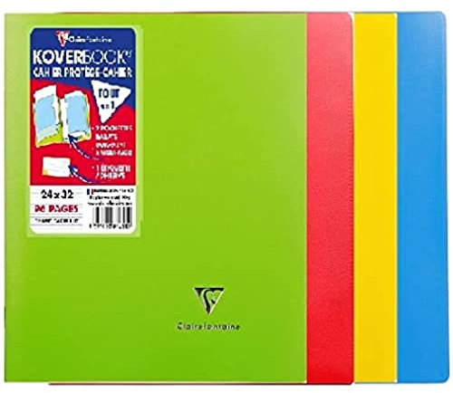 Clairefontaine 981412AMZC Lot de 4 Cahiers Agrafés Koverbook - 24x32 cm - 96 Pages Grands Carreaux - Papier Blanc 90 g - Couverture 100% Recyclée Couleurs Assorties (Bleu, Rouge, Vert et Jaune)