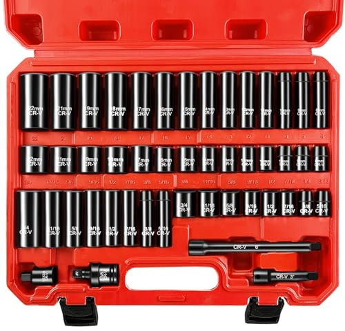 WETT 3/8 Drive Impact Socket Set, 48-Piece SAE/Metric, Deep/Shallow Sockets, with 3, 6 Extension Bar, 3/8 Universal Joint, 3/8 to 1/2 Adapter, Cr-V Steel, 6 Point, (5/16-3/4, 8-22mm)