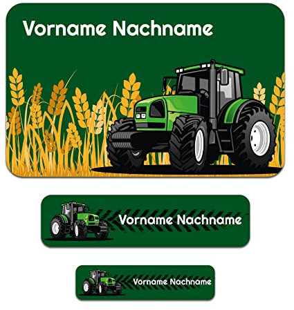 50 x personalisierte Namensaufkleber Sticker mit Wunschname Klebeetiketten zum Markieren Stifte Hefte mit Kinder Name Schule Kindergarten Aufkleber Set (15 Traktor)