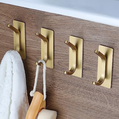 YIGII Self Adhesive Hooks, Gold Sticky Hooks for Quick Installation, Stainless Steel Wall Hook for Bathroom Kitchen, 4 Packs Towel Coat Hook