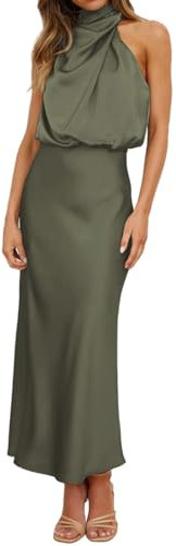 Odizli Robe de soirée longue élégante sans manches en satin pour femme - Pour l'été et le mariage, vert olive, S