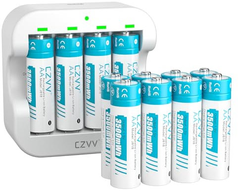 czvv Rechargeable AA Lithium 1.5V Batteries - High-Capacity 3500mWh - 1300 Cycles - Full-Recharged 12 Pack with Ultra Fast Charger, Long-Lasting, Constant Output for Household Office Device