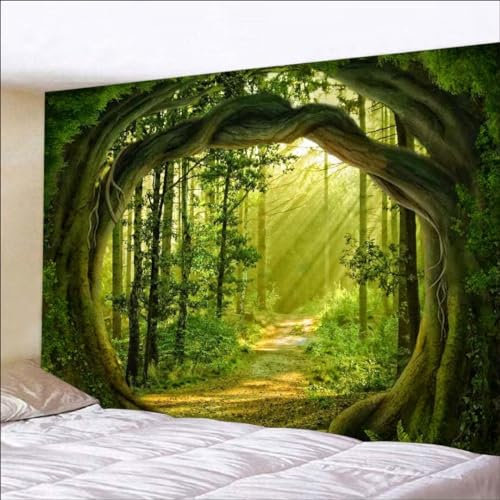 FENDROM Wandteppich, Motiv: Zauberwald, Natur, Sonnenschein, Landschaft, grüne Baumhöhle, Wandbehang für Wohnzimmer, Schlafzimmer, Heimdekorationen