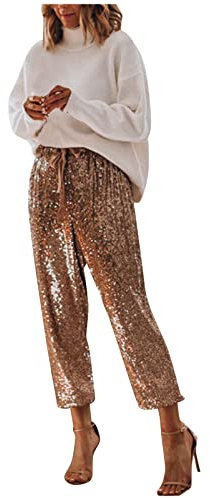 Duohropke Pailettenhose Damen Gold Pailletten Hose Damen Silber-Freizeithose Elegant Sommmerhose Baggy Jogginghose Glitzer-Hose Mit Tunnelzug Party-Hosen Disco Mode Pants Vintage Tanzhosen
