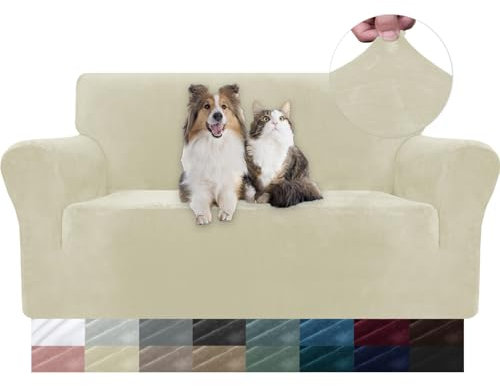YSTELLAA Samt Sofa Überzug 2 Sitzer, Stretch Sofahusse Universal, Sofaschoner rutschfest, Sofa Covers Mit Armlehne, Couch Bezug Schutz Katze, Waschbare Couchschoner, Beige