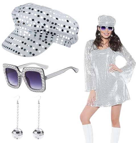 EUPSIIU 3 Stück Disco Kostüm 70er 80er Jahre Accessoires mit Pailletten Hut Bling Sonnenbrille Ohrringe Discokugel Erwachsene Disco Outfit Zubehör Damen Dance Kostüm für Fasching Karneval (Silber)