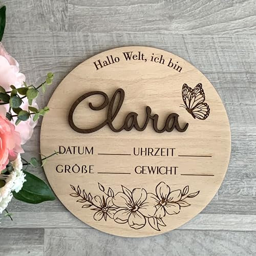 Personalisierte Hallo Welt Holzschild mit Name, Schmetterling und Blumen, Meilenstein Hallo Welt aus Holz, Babygeschenk Geburt, Geburtsanzeige Baby-Ankündigung Schild, Geschenk zur Geburt (Design 2)