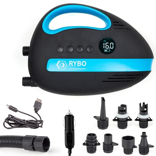 RYBO Avon 20PSI High Pressure SUP Air Pump - Intelligent Dual Stage Inflation & Auto-Off & Deflation, Rechargeable Battery-Powered,12V DC Car Connector, for Inflatable Stand Up Paddle Boards, Kayaks.