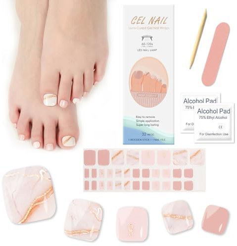 32Pcs Autocollants de Vernis à Ongles Pied, Bandes d'Ongles d'Orteil Effet Semi-Permanent Auto-adhésifs Toe Nail Art Stickers, Faux Ongles Pieds Autocollants pour Femmes Filles (Rose Français)