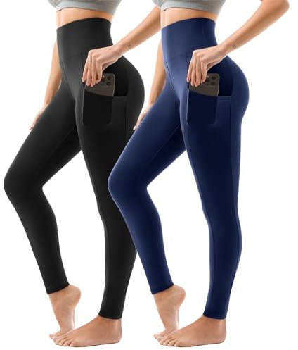 Sanpetix Sport Leggings Damen High Waist, Sporthose Damen Lang Mit Taschen Für Gym Yoga 2er Pack XXL Schwarz/Marineblau