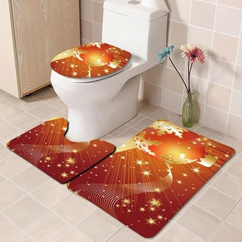 Bad Teppiche Set Orange Gold Linien Badezimmerteppich Waschbar WC Vorleger mit Ausschnitt und WC Deckelbezug 3 Teilig Badematte rutschfest Toilettensitzbezug Badgarnitur 45x75 cm