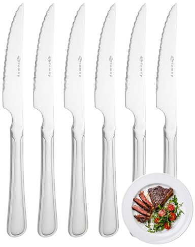 FAMILY Pack 6 Cuchillo de Carne 21.5x2CM Acero Inoxidable Diseño Línea, Elegancia y Funcionalidad para Cada Ocasión, Cubiertos de Alta Gama para Hogar y Restaurante