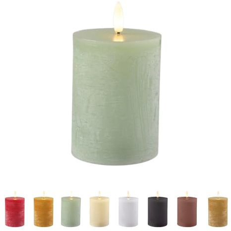 Florissima LED-Echtwachskerze mit realistischer 3D-Flamme und Timer-Funktion (Grün, ⌀ 7,5 cm H: 12 cm)