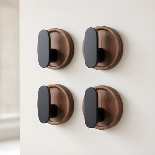 Jugen Coat Hooks – Solid Black Walnut Self Adhesive Wooden Hooks, No Drill Stick On Hooks for Coats, Clothes, Bags & Towels – Set of 4