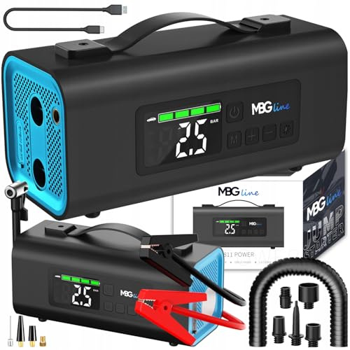 MBG line® Starthilfegerät 2500A | 5-in-1: Auto Starthilfe mit Kompressor 10 bar, Reifenfüller, Gebläsepumpe, Powerbank 54,76 Wh | Batteriestarter, LED-Taschenlampe, tragbares Autozubehör