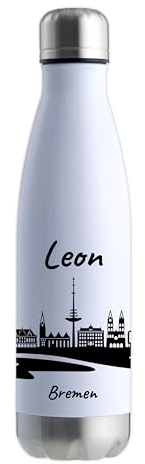 Gravur-Max Trinkflasche Edelstahl 500 ml personalisiert – doppelwandige Thermosflasche 13 h warm & 24 h kalt – auslaufsicher & mit Skyline von Bremen & Wunschname bedruckt - Weiß/Silber