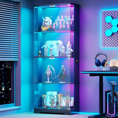 FREDEES Glass Display Cabinet with RGB Lights, 4-Tier, Black