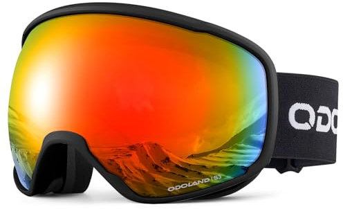 Odoland Skibrille Erwachsene Ski Goggles für Damen und Herren Jungen,Sphärisch Snowboardbrille UV-Schutz Kompatibler Helm Anti Fog für Skifahre Verspiegelt Schwarz + Rot